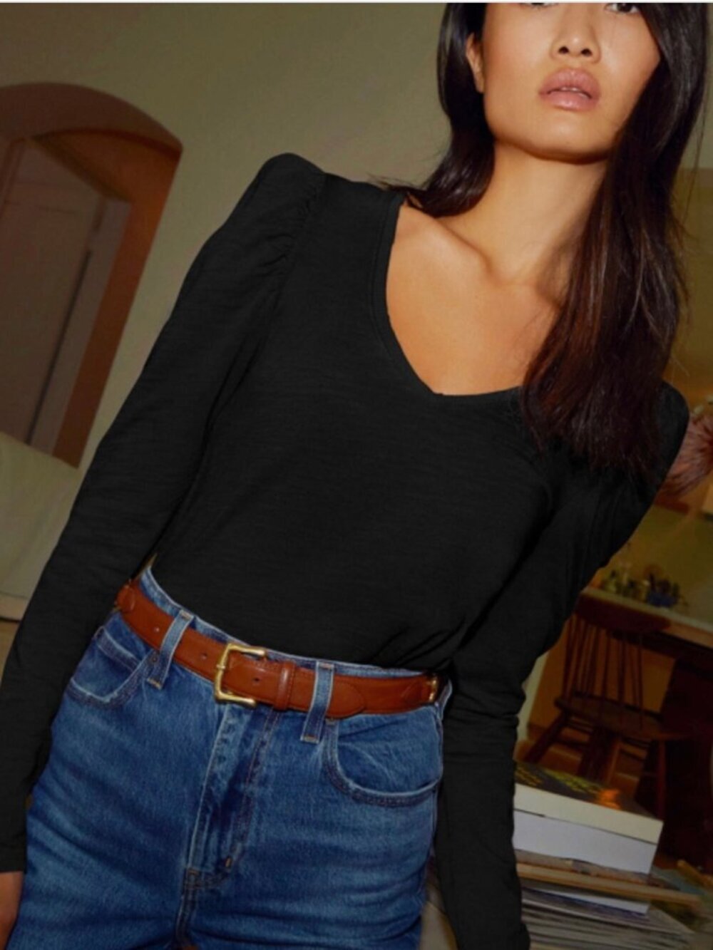 Nation LTD Elizabeth Raw Edge Puff Sleeve V Neck Top Black Size M